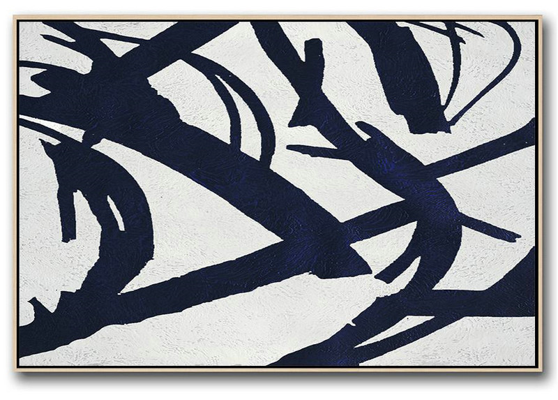 Big Wall Art For Living Room,Horizontal Navy Painting Abstract Minimalist Art On Canvas,Hand Painted Acrylic Painting